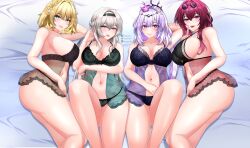 4girls aglaea_(honkai:_star_rail) breasts castorice_(honkai:_star_rail) d.d.g_(ddg3420) firefly_(honkai:_star_rail) highres honkai:_star_rail honkai_(series) kafka_(honkai:_star_rail) large_breasts long_hair looking_at_viewer lying multiple_girls naughty_face nightgown pov short_hair thighs