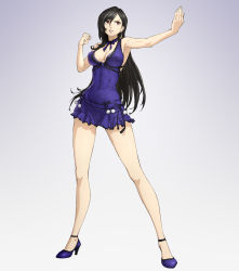 Rule 34 | 1girl, armpits, bare arms, bare legs, bare shoulders, black hair, blue dress, blue footwear, blue ribbon, breasts, cleavage, clenched hand, covered abs, covered navel, crescent, crescent earrings, dress, earrings, female focus, fighting stance, final fantasy, final fantasy vii, final fantasy vii remake, frilled dress, frills, full body, grin, hand up, high heels, jewelry, large breasts, legs, long hair, naughty face, neck, neck ribbon, official alternate costume, outstretched arm, ozkh, ribbon, short dress, simple background, smile, solo, square enix, standing, thick thighs, thighs, tifa lockhart, tifa lockhart (refined dress), toned, wall market