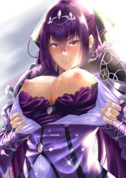 Rule 34 | 1girl, absurdres, backlighting, blush, breasts, breasts out, closed mouth, clothes pull, dress, dress pull, fate/grand order, fate (series), fur-trimmed dress, fur trim, hair between eyes, hair ribbon, highres, large breasts, long sleeves, looking at viewer, nipples, ponytail, purple dress, purple hair, red eyes, ribbon, scathach (fate), scathach skadi (fate), sebakanken, sparkle, tiara
