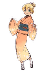 Rule 34 | 1boy, bad id, bad pixiv id, blonde hair, full body, green eyes, inazuma eleven, inazuma eleven (series), japanese clothes, kimono, looking at viewer, male focus, miyasaka ryou, sandals, simple background, sketch, socks, solo, tomo (sjim), white background