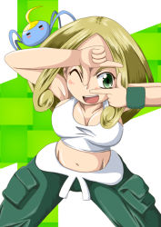 Rule 34 | 10s, 1girl, alternate color, armpits, arms up, bare shoulders, blonde hair, blue eyes, blush, breasts, capri pants, cleavage, collarbone, creatures (company), crop top, game freak, gen 3 pokemon, green eyes, groin, gym leader, happy, large breasts, looking at viewer, midriff, navel, nintendo, one eye closed, open mouth, pants, pokemon, pokemon (creature), pokemon xy, shirt, short hair, simple background, smile, soboro (jitome dan), solo, spread legs, surskit, tank top, taut clothes, teeth, tongue, viola (pokemon), white shirt, wink
