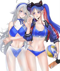 Rule 34 | 2girls, ahoge, anno88888, ball, bikini, blue bikini, blue eyes, blue hair, blue hairband, bottle, breasts, closed mouth, crossed arms, grey hair, hairband, hat, highres, holding, holding ball, holding bottle, index finger raised, jacket, kantai collection, large breasts, long hair, multicolored hair, multiple girls, official alternate costume, open clothes, open jacket, open mouth, ponytail, red hair, sarong, see-through, sidelocks, simple background, south dakota (kancolle), swimsuit, underboob, visor cap, washington (kancolle), water bottle, white background, white hair