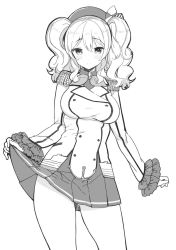 Rule 34 | 10s, 1girl, ascot, bad id, bad twitter id, beret, breasts, clothes lift, cowboy shot, epaulettes, female focus, frilled sleeves, frills, greyscale, hat, kantai collection, kashima (kancolle), large breasts, light smile, looking at viewer, military, military uniform, miniskirt, monochrome, pleated skirt, sakiyo cake, sidelocks, simple background, skirt, skirt lift, solo, tsurime, twintails, uniform, wavy hair, white background