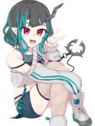 Rule 34 | 1girl, :d, black hair, black legwear, blue hair, blue shorts, commentary request, demon girl, demon horns, demon tail, fang, fishnet legwear, fishnets, flat chest, full body, grey choker, grey sweater, hair ornament, hairclip, horns, long sleeves, looking at viewer, multicolored hair, nanashi inc., off shoulder, official alternate costume, open mouth, pointy ears, red eyes, shijimii, shishio chris, shishio chris (2nd costume), shoes, short hair, shorts, simple background, smile, sneakers, solo, sugar lyric, sweater, tail, two-tone hair, v, virtual youtuber, white footwear