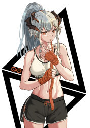 Rule 34 | 1girl, absurdres, alternate hairstyle, arknights, bare arms, bare shoulders, black shorts, breasts, cleavage, commentary, cowboy shot, crop top, dolphin shorts, gym shorts, hand up, hand wraps, highres, horns, long hair, looking at viewer, medium breasts, midriff, mouth hold, navel, orange eyes, ponytail, rhine lab logo, saria (arknights), short shorts, shorts, sidelocks, silver hair, solo, sports bra, standing, stomach, tao (t a o), white background