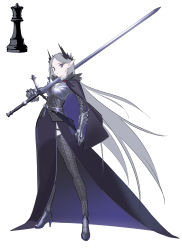 Rule 34 | 1girl, absurdres, armor, breastplate, cape, chess piece, closed mouth, contrapposto, crown, full body, grey hair, high heels, highres, holding, holding sword, holding weapon, long hair, long skirt, long sword, looking at viewer, milim nova, original, over shoulder, personification, pointy ears, purple cape, purple eyes, purple skirt, queen (chess), rook (chess), simple background, skirt, solo, standing, sword, thighhighs, two-sided cape, two-sided fabric, very long hair, weapon, weapon over shoulder, white background, zweihander