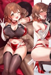 Rule 34 | 1boy, 1girl, ;d, absurdres, ahoge, black thighhighs, blush, breasts, brown eyes, brown hair, bulge, buruma, choker, collarbone, commentary request, dark-skinned male, dark skin, earrings, elbow gloves, erection, erection under clothes, fellatio, gakuen idolmaster, gloves, grabbing, grabbing another&#039;s breast, hanami ume, heart, heart-shaped pupils, heart choker, heart earrings, hetero, high heels, highres, idolmaster, jewelry, large breasts, licking, licking penis, looking at viewer, midriff, multiple views, navel piercing, object insertion, one eye closed, open mouth, oral, penis, penis grab, piercing, red buruma, red choker, red footwear, saliva, satou kuuki, sex toy, sideboob, sitting, sitting on lap, sitting on person, smile, sports bra, squatting, sweat, symbol-shaped pupils, thighhighs, tongue, waving, white gloves