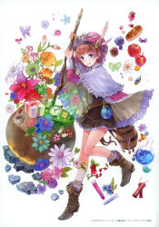 Rule 34 | 1girl, absurdres, apple, atelier (series), atelier rorona, barrel, blue eyes, boots, bread, brown hair, bug, butterfly, clock, feathers, female focus, flask, flower, food, fruit, gift, hat, highres, holding, bug, jewelry, kishida mel, lily (flower), open mouth, pendant, rororina fryxell, short hair, solo, strawberry, test tube, tulip