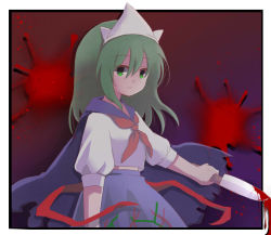 Rule 34 | 1girl, blood, bloody knife, blouse, blue cape, blue sailor collar, blue skirt, breasts, cape, capelet, cocoa (cocoa1qld), commentary, ellipsis (mitei), green eyes, green hair, holding, holding knife, knife, medium hair, midriff peek, mima (touhou), neckerchief, puffy short sleeves, puffy sleeves, red neckerchief, sailor collar, sailor shirt, school uniform, serafuku, shirt, short sleeves, skirt, small breasts, tiara, torn cape, torn clothes, touhou, touhou (pc-98), white shirt, white headwear