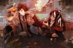 Rule 34 | 1boy, 2girls, ahoge, black hair, blood, blood on face, breasts, brother and sister, brown hair, chair, choker, cleavage, collared shirt, commentary, couch, crossed legs, cup, drinking, drinking glass, english commentary, english text, flower, happy, holding, holding cup, holding flower, kawacy, knees, long hair, long sleeves, looking at another, multicolored hair, multiple girls, necktie, original, painting (object), pants, pointy ears, red necktie, shirt, short hair, siblings, sideways glance, sitting, smile, streaked hair, torn clothes, torn pants, twins, two-tone hair, vampire, vest, white hair, wine glass, yellow eyes