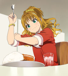 Rule 34 | 1girl, :3, aqua eyes, arm up, bracelet, chair, collared shirt, cup, curry, curry rice, drinking glass, food, from below, hair intakes, hair ornament, hair scrunchie, hand on own arm, high ponytail, hino akane (idolmaster), holding, holding spoon, idolmaster, idolmaster cinderella girls, jewelry, long hair, looking down, mattaku mousuke, orange hair, plate, pork cutlet, red shirt, rice, scrunchie, shirt, sitting, sleeves rolled up, solo, spoon, sweatdrop, upper body, wavy hair, wing collar, yellow scrunchie