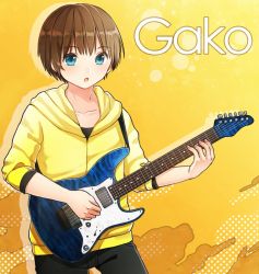 Rule 34 | androgynous, bad id, bad pixiv id, blue eyes, brown hair, clarinet (natsumi3230), gender request, gradient background, guitar, halftone, halftone background, instrument, kurata rine, short hair, solo