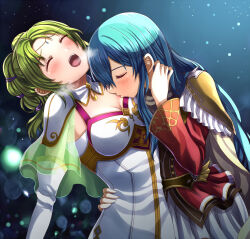 Rule 34 | 2girls, aqua hair, arm around waist, armor, breasts, breath, cape, cleavage, closed eyes, dress, earrings, eirika (fire emblem), elbow gloves, fire emblem, fire emblem: the sacred stones, fire emblem heroes, gloves, green hair, hand in own hair, highres, jewelry, kiss, kissing breast, l&#039;arachel (fire emblem), long hair, long sleeves, medium breasts, multiple girls, nintendo, official alternate costume, open mouth, ponytail, shoulder armor, skirt, white dress, white gloves, white skirt, yozu (yozu0420), yuri