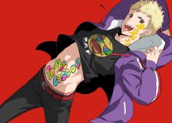 Rule 34 | 1boy, black shirt, blonde hair, body writing, brown eyes, groin, jacket, looking at viewer, male focus, midriff, open clothes, open jacket, parody, persona, persona 5, persona 5 the animation, red background, sakamoto ryuuji, shirt, simple background, solo, t-shirt, tongue, tongue out, yoshizaki (yszk)