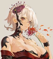 Rule 34 | 1girl, bare shoulders, black choker, breasts, choker, closed mouth, commentary, english commentary, flower, grey background, hair ornament, hand up, highres, holding, holding flower, indie virtual youtuber, large breasts, looking at viewer, original, red eyes, red flower, simple background, solo, tomatolover16, upper body, virtual youtuber, wrist cuffs