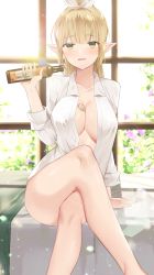 Rule 34 | 1girl, :d, arm at side, blonde hair, blunt bangs, blush, bottle, bottomless, breasts, collarbone, day, dress shirt, elf, eyelashes, fingernails, flower, green eyes, hair ribbon, highres, holding, holding bottle, indoors, large breasts, long hair, looking at viewer, naked shirt, no bra, open clothes, open mouth, open shirt, original, plant, poho, pointy ears, ponytail, ribbon, shirt, sitting, smile, solo, thighs, white ribbon, white shirt, window