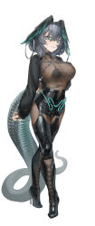 Rule 34 | 1girl, absurdres, aqua eyes, arknights, black bra, black footwear, bodystocking, boots, bra, bra under clothes, bra visible through clothes, breasts, full body, grey hair, hair between eyes, head wings, high heel boots, high heels, highres, ho&#039;olheyak (arknights), large breasts, long sleeves, looking at viewer, medium hair, see-through, simple background, slox, snake tail, solo, standing, tail, thigh boots, underwear, white background, wings
