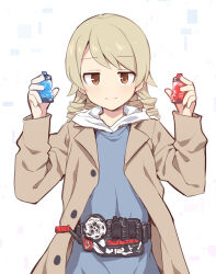 Rule 34 | 1girl, brown eyes, brown hair, brown jacket, build driver, closed mouth, cosplay, fullbottle, hands up, holding, hood, hood down, hoodie, idolmaster, idolmaster cinderella girls, jacket, kamen rider, kamen rider build (series), kiryuu sento, kiryuu sento (cosplay), long hair, long sleeves, looking at viewer, morikubo nono, open clothes, open jacket, revision, rider belt, ringlets, simple background, smile, solo, sweater vest, translation request, uccow, upper body, white background, white hoodie