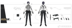 Rule 34 | 1boy, a-pose, absurdres, black footwear, black hair, black necktie, black pants, bracelet, cable, character name, character sheet, chinese commentary, chinese text, collared shirt, commentary, copyright name, cuicuijiao, dagger, earpiece, gloves, half gloves, highres, jewelry, joints, knife, male focus, mechanical arms, mechanical hands, monocle, monocle chain, multicolored hair, multiple views, necktie, noan: arca (homecoming) (punishing: gray raven), noan (punishing: gray raven), outside border, pants, punishing: gray raven, radio antenna, robot joints, sheath, sheathed, shirt, short hair, simple background, single mechanical arm, sleeves rolled up, streaked hair, suspenders, thigh strap, translated, walkie-talkie, weapon, weibo logo, weibo watermark, white background, white hair, white shirt