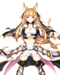 Rule 34 | 10s, 1girl, absurdres, animal ears, black thighhighs, blonde hair, braid, breasts, calzooone, character request, cleavage, cowboy shot, crossed arms, erune, fox ears, gold trim, granblue fantasy, gunbuster pose, highres, long hair, looking at viewer, medium breasts, midriff, navel, red eyes, simple background, smile, solo, standing, thighhighs, very long hair, white background, yuisis (granblue fantasy)