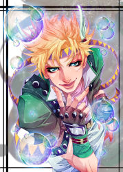 Rule 34 | 1boy, battle tendency, blonde hair, blue eyes, bubble, caesar anthonio zeppeli, cielholic, cropped jacket, eyelashes, feather hair ornament, feathers, fingerless gloves, gloves, green eyes, green gloves, green jacket, hair ornament, head wings, jacket, jojo no kimyou na bouken, looking at viewer, male focus, mariero (mariello), scarf, shirt, solo, studded jacket, white shirt, wings, zigzag