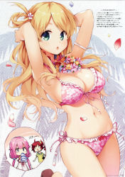 Rule 34 | 3girls, absurdres, armlet, armpits, arms up, bikini, blonde hair, blush, breasts, cleavage, flower, flower necklace, frilled bikini, frills, front-tie top, funia (koto channel), green eyes, hair flower, hair ornament, highres, jewelry, koto-channel, lei, long hair, looking at viewer, mihama kosumi, multiple girls, navel, necklace, one side up, open mouth, petals, pink bikini, pink hair, polka dot, polka dot background, print bikini, red hair, rito (koto channel), scan, senji (tegone spike), short hair, side-tie bikini bottom, standing, standing on one leg, swimsuit