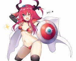 Rule 34 | 1girl, ;d, aqua eyes, arm behind back, armor, bikini, bikini armor, black thighhighs, breasts, cape, cleavage, collar, collarbone, detached sleeves, diadem, elizabeth bathory (brave) (fate), elizabeth bathory (fate), fate/grand order, fate (series), groin, hair between eyes, highres, horns, long hair, nakatama kyou, navel, one eye closed, open mouth, pauldrons, red armor, red bikini, red hair, shield, shiny clothes, shoulder armor, sideboob, simple background, small breasts, smile, solo, swimsuit, thighhighs, underboob, white background, white cape