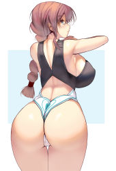 Rule 34 | 1girl, ass, back, blue eyes, braid, braided ponytail, breasts, brown hair, hair ribbon, hands on own chest, heart, highleg, highleg swimsuit, highres, huge breasts, kouno (masao), looking afar, looking to the side, original, plump, print swimsuit, ribbon, solo, swimsuit, thick thighs, thigh gap, thighs, two-tone one-piece swimsuit, wide hips