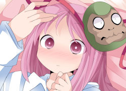 Rule 34 | 1girl, alternate costume, blush, commentary request, hammer (sunset beach), hata no kokoro, long hair, looking at viewer, mask, monkey mask, pajamas, pillow, pink eyes, pink hair, solo, touhou
