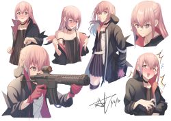 Rule 34 | 1girl, absurdres, act (xadachit), ar-15, black choker, black dress, black jacket, blue eyes, blue hair, blush, choker, closed mouth, collarbone, dress, embarrassed, flying sweatdrops, girls&#039; frontline, gloves, gun, hair between eyes, highres, holding, holding gun, holding weapon, jacket, long hair, long sleeves, looking at viewer, multicolored hair, open mouth, pink gloves, pink hair, rifle, simple background, st ar-15 (girls&#039; frontline), streaked hair, triangle mouth, weapon, white background