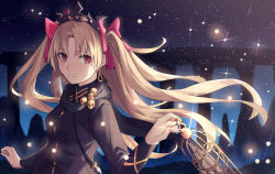 Rule 34 | 1girl, armlet, birdcage, black dress, black scarf, blonde hair, blush, bow, breasts, cage, closed mouth, dress, earrings, ereshkigal (fate), ereshkigal (third ascension) (fate), fate/grand order, fate (series), gold trim, hair bow, highres, infinity symbol, jewelry, long hair, long sleeves, looking at viewer, night, night sky, parted bangs, red bow, red eyes, scarf, skull, sky, small breasts, smile, solo, split mouth, star (sky), starry sky, tiara, two side up, very long hair, yangsan (2991076090)