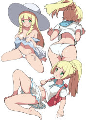 Rule 34 | 1girl, ass, backpack, bag, bare legs, bare shoulders, barefoot, blonde hair, blue sailor collar, blush, braid, breasts, censored, clothes lift, collarbone, commentary request, creatures (company), curvy, dress, dress lift, game freak, green eyes, hat, heart, heart censor, highres, lifted by self, lillie (pokemon), long hair, midriff, multiple views, navel, nintendo, no pants, noa (nagareboshi), panties, parted lips, pleated skirt, pokemon, pokemon sm, ponytail, sailor collar, shirt, side-tie panties, simple background, skirt, small breasts, smile, sun hat, twin braids, underwear, untied panties, very long hair, white background, white dress, white headwear, white panties, white shirt, white skirt, wide hips