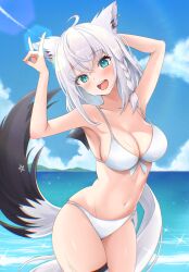 Rule 34 | 1girl, absurdres, ahoge, alternate costume, animal ears, arms up, bikini, blue eyes, blue sky, blush, braid, breasts, cleavage, cloud, commentary request, cowboy shot, day, fox ears, fox shadow puppet, fox tail, highres, hololive, large breasts, lens flare, long hair, mountainous horizon, mt mozuku, navel, ocean, open mouth, outdoors, shirakami fubuki, side braid, single braid, sky, smile, solo, sparkle, swimsuit, tail, tail raised, thigh strap, very long hair, virtual youtuber, water, wet, white bikini, white hair