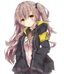 Rule 34 | 1girl, armband, black jacket, black ribbon, black skirt, blush, breasts, brown eyes, brown hair, closed mouth, commentary, dress shirt, fuuna, girls&#039; frontline, hands in pockets, head tilt, hood, hood down, hooded jacket, jacket, long hair, medium breasts, neck ribbon, one side up, open clothes, open jacket, pleated skirt, ribbon, shirt, skirt, smile, solo, ump45 (girls&#039; frontline), very long hair, white background, white shirt