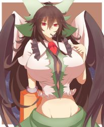 Rule 34 | 1girl, arm cannon, bird wings, black hair, black wings, bow, breasts, cannibalism, cape, cleavage, crop top, curvy, frilled shirt collar, frills, green bow, green skirt, groin, hair between eyes, hair bow, highres, huge breasts, long hair, looking at viewer, lowleg, lowleg skirt, midriff, mouth hold, navel, red eyes, reiuji utsuho, satou rin (gobugabuge), shirt, skirt, solo, third eye, touhou, undersized clothes, upper body, very long hair, weapon, white shirt, wings