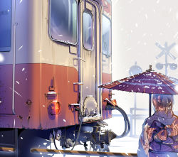 Rule 34 | 1girl, brown hair, daito, from behind, japanese clothes, kimono, oil-paper umbrella, original, outdoors, short hair, snowing, solo, train, umbrella