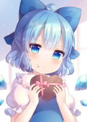 Rule 34 | 1girl, ahoge, blue bow, blue dress, blue eyes, blue hair, blue wings, blurry, blurry background, blush, bow, box, cirno, closed mouth, coa (chroo x), collared shirt, commentary request, depth of field, detached wings, dress, food, food on face, frilled shirt collar, frills, gift, gift box, hair bow, hands up, heart-shaped box, holding, holding gift, ice, ice wings, puffy short sleeves, puffy sleeves, shirt, short hair, short sleeves, solo, touhou, white shirt, wings