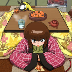 Rule 34 | 1girl, brown hair, food, fruit, highres, kotatsu, mandarin orange, p-chan, ranma 1/2, table, tendou nabiki, wanta (futoshi)