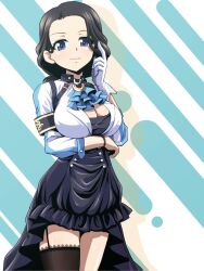 Rule 34 | 1girl, ascot, black hair, blue ascot, breasts, cleavage, commentary request, commission, cosplay, cowboy shot, girls und panzer, gloves, grey eyes, hamada kiyo, highres, kamishima kanon, large breasts, light blue background, looking at viewer, medium hair, mejiro ramonu (umamusume), mejiro ramonu (umamusume) (cosplay), partial commentary, simple background, single glove, single thighhigh, skeb commission, smile, solo, standing, thighhighs, two-tone background, umamusume, white background, white gloves
