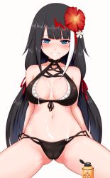 Rule 34 | 1girl, alternate costume, asuto3, azur lane, bare shoulders, bikini, black bikini, black hair, blue eyes, blush, breasts, cameltoe, cleavage, commentary request, deutschland (azur lane), deutschland (service time?!) (azur lane), flower, gluteal fold, grin, hair flower, hair ornament, highres, long hair, looking at viewer, lotion, lotion bottle, medium breasts, mole, mole on stomach, multicolored hair, navel, red hair, simple background, sitting, smile, solo, spread legs, straight hair, suggestive fluid, swimsuit, thighs, white background, white hair