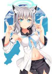 Rule 34 | 1girl, animal ear fluff, animal ears, armpits, bare shoulders, black shorts, blue archive, blue eyes, blue neckerchief, blue sky, blush, breasts, cleavage, closed mouth, cloud, commentary request, cosplay, cross hair ornament, day, detached sleeves, double fox shadow puppet, fox ears, fox shadow puppet, frown, grey hair, groin, hair between eyes, hair ornament, halo, hands up, highres, hololive, hood, hood down, looking at viewer, medium breasts, medium hair, mismatched pupils, navel, neckerchief, outline, partially unbuttoned, shirakami fubuki, shirakami fubuki (1st costume), shirakami fubuki (cosplay), shiroko (blue archive), shirt, short shorts, shorts, side slit, sidelocks, sky, solo, stomach, thigh gap, trait connection, virtual youtuber, white shirt, white sleeves, yasume yukito