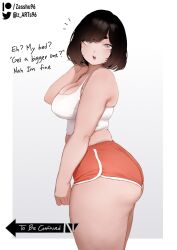 Rule 34 | 1girl, ass, black hair, breasts, camisole, cleavage, crop top, curvy, dolphin shorts, english text, highres, huge ass, large breasts, looking at viewer, looking back, looking to the side, meme, midriff, orange shorts, original, patreon username, shorts, simple background, solo, thick eyebrows, thick thighs, thighs, twitter username, white camisole, zasshu