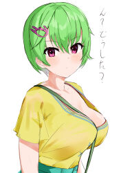 Rule 34 | 1girl, absurdres, arm at side, blush, breasts, casual, closed mouth, crocodile hair ornament, eyelashes, eyes visible through hair, frown, green hair, hair between eyes, highres, large breasts, looking at viewer, nomura miki, pink eyes, shirt, short hair, simple background, sketch, solo, summer pockets, sweat, translated, tsurime, upper body, white background, yellow shirt, zenoo