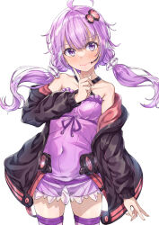 Rule 34 | 1girl, ahoge, black jacket, blush, closed mouth, collarbone, covered navel, cowboy shot, criss-cross halter, dress, fingerless gloves, gloves, hair ornament, halter dress, halterneck, highres, jacket, long sleeves, looking at viewer, microphone, open clothes, open jacket, purple dress, purple eyes, purple hair, qussie, short hair with long locks, sidelocks, simple background, solo, voiceroid, white background, yuzuki yukari
