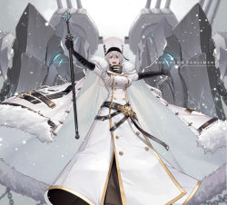 Rule 34 | 1girl, :d, azur lane, breasts, buckle, buttons, cape, coat, coat dress, dishwasher1910, double-breasted, floating hair, fur-trimmed cape, fur-trimmed coat, fur trim, gloves, hat, high collar, highres, holding, holding scepter, ice, long hair, military hat, multiple straps, open mouth, outstretched arms, rigging, scepter, smile, snow, sovetskaya rossiya (azur lane), white cape, white coat, white headwear