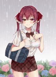 Rule 34 | 1girl, alternate costume, bag, breasts, bush, buttons, closed mouth, cloud, cloudy sky, collared shirt, commentary request, contrapposto, cowboy shot, dakuryuu, flower, grey sky, hair ribbon, heterochromia, highres, hololive, houshou marine, hydrangea, looking at viewer, medium breasts, medium hair, neck ribbon, outdoors, plaid, plaid skirt, pleated skirt, rain, red eyes, red hair, red ribbon, red skirt, ribbon, school bag, school uniform, see-through, shirt, short sleeves, skirt, sky, smile, solo, standing, twintails, twitter username, unbuttoned, unbuttoned shirt, virtual youtuber, wet, wet clothes, yellow eyes