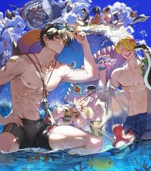 Rule 34 | 6+boys, :o, abs, bandaid, bandaid on face, bandaid on nose, baseball cap, beach, black hair, black male swimwear, blonde hair, blush, brook (one piece), buggy the clown, character request, closed eyes, cloud, eyewear on head, fish, franky (one piece), green hair, hair over one eye, hat, jewelry, laboon, male focus, male swimwear, monkey d. luffy, multiple boys, muscular, muscular male, navel, necklace, nipples, one piece, outdoors, portgas d. ace, roronoa zoro, runa (nori31291404), sanji (one piece), shirt, short hair, sky, smile, sunglasses, tongue, tongue out, tony tony chopper, trafalgar law, usopp, water, wet, wet clothes, wet shirt, white shirt