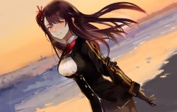 Rule 34 | 1girl, azarea, beach, black pantyhose, black skirt, blazer, blush, breasts, floating hair, framed breasts, girls&#039; frontline, gloves, hair ribbon, half updo, highres, jacket, large breasts, long hair, looking at viewer, necktie, one side up, open mouth, outdoors, pantyhose, parted lips, pelvic curtain, purple hair, red eyes, red necktie, ribbon, shirt, sidelocks, skirt, smile, solo, striped clothes, striped shirt, sunset, very long hair, wa2000 (girls&#039; frontline), walking