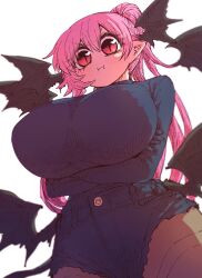 Rule 34 | 1girl, bat wings, black wings, breasts, commentary request, crossed arms, from below, head wings, highres, huge breasts, light blush, long hair, looking at viewer, low wings, multiple wings, pantyhose, pink hair, pointy ears, ponytail, pout, shorts, slit pupils, solo, sumire (yakunitatsu node chi o kudasai), thighband pantyhose, vampire, white background, wings, yakunitatsu node chi o kudasai, zyugoya
