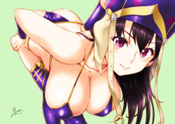 Rule 34 | 1girl, ass, bikini, blush, breasts, bridal gauntlets, brown hair, cleavage, collarbone, commentary request, fate/grand order, fate (series), green background, hanging breasts, jin nai, large breasts, long hair, looking at viewer, purple bikini, purple hair, purple thighhighs, simple background, smile, solo, swimsuit, thighhighs, xuangzang sanzang (fate)